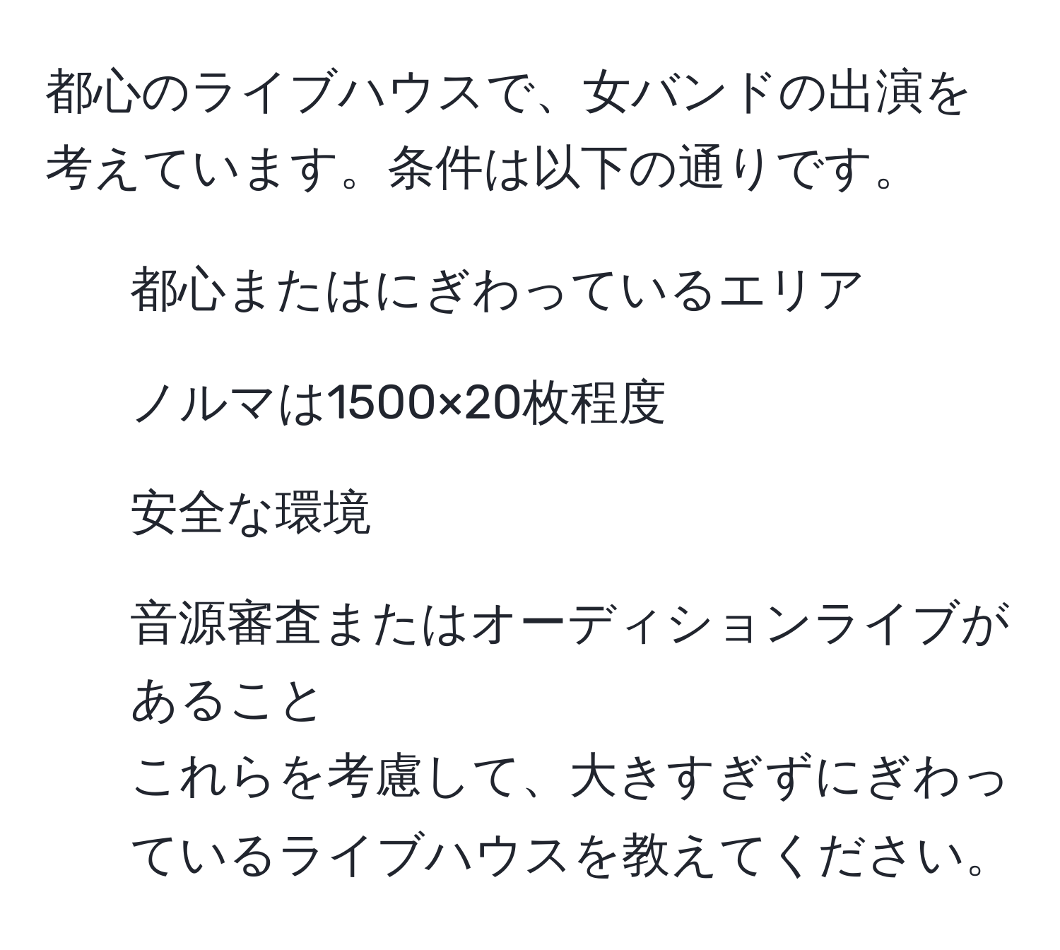 都心のライブハウスで、女バンドの出演を考えています。条件は以下の通りです。  
- 都心またはにぎわっているエリア  
- ノルマは1500×20枚程度  
- 安全な環境  
- 音源審査またはオーディションライブがあること  
これらを考慮して、大きすぎずにぎわっているライブハウスを教えてください。