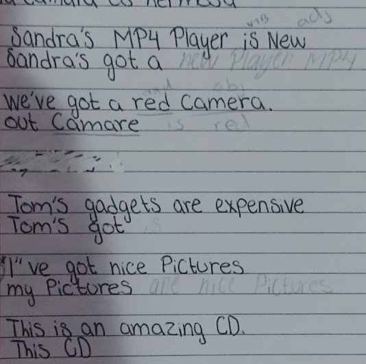 Sandra's MP4 Player is New 
Bandra's got a 
we've got a red camera. 
out Camare 
Tom's gadgets are expensive 
Tom's got 
I've got nice Pictures 
my Pictures 
This is an amazing CD. 
This CD