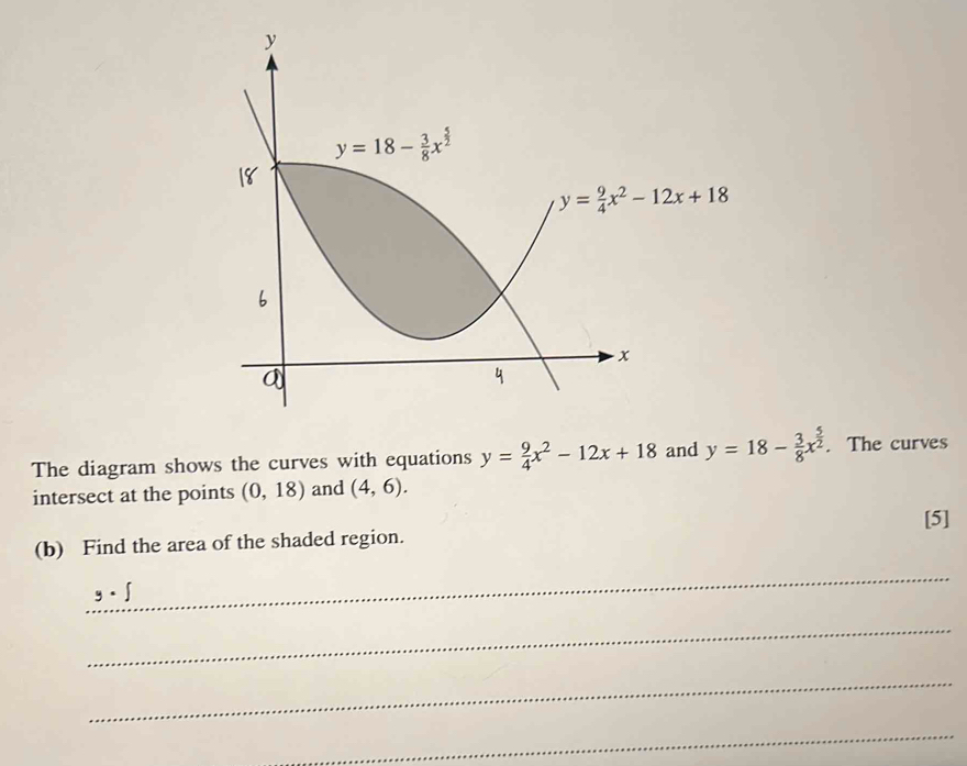 The diagram shows the curves with equations y= 9/4 x^2-12x+18 and y=18- 3/8 x^(frac 5)2. The curves
intersect at the points (0,18) and (4,6).
[5]
(b) Find the area of the shaded region.
_
y· ∈t
_
_
_