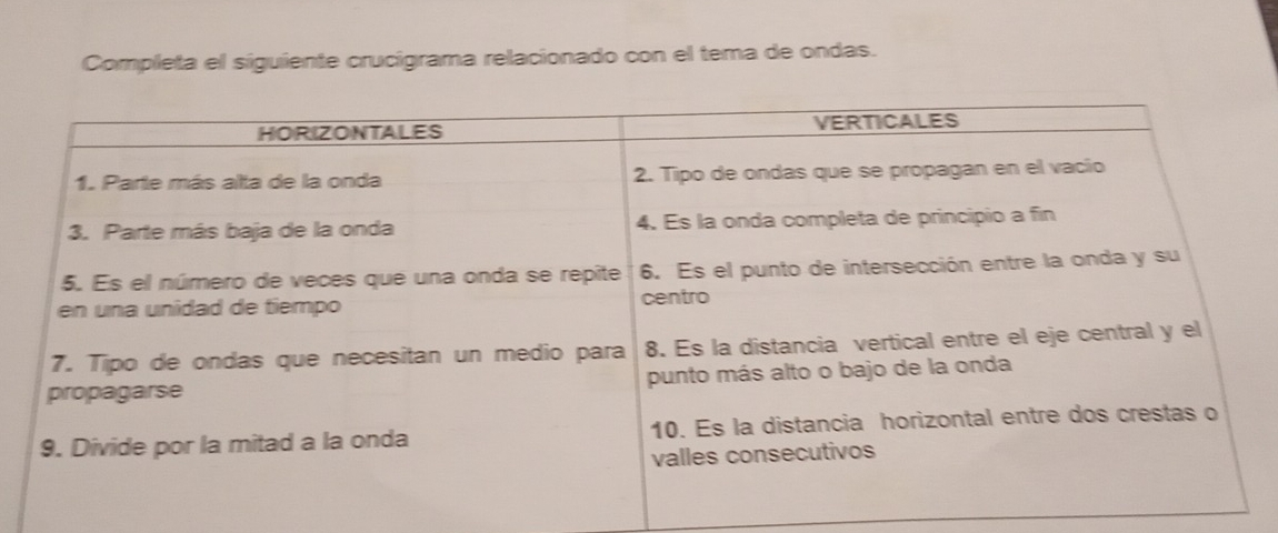 Completa el siguiente crucigrama relacionado con el tema de ondas.