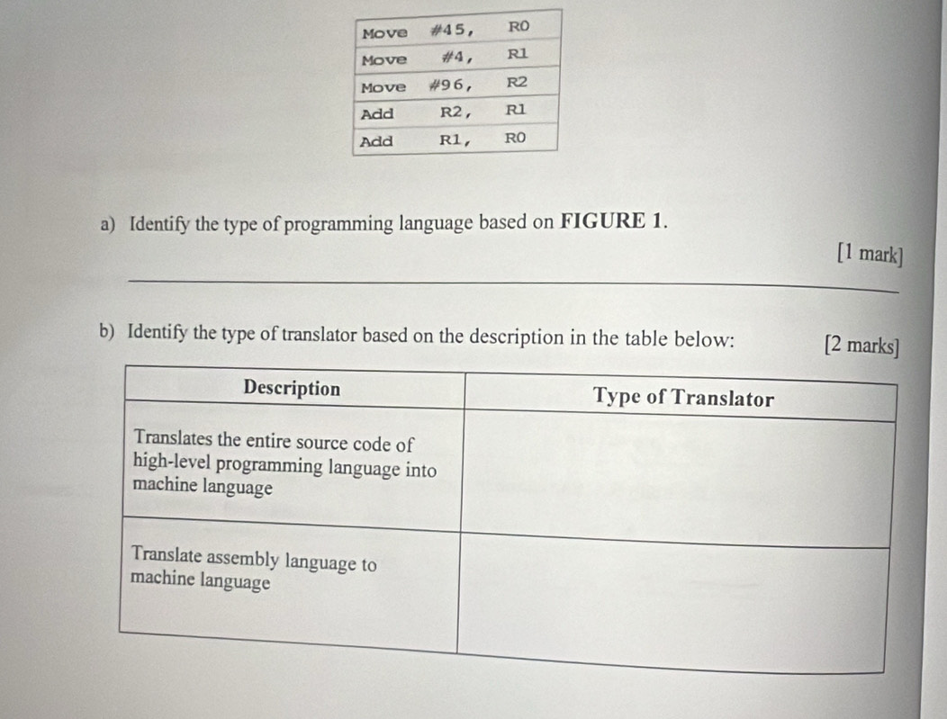 Identify the type of programming language based on FIGURE 1. 
_ 
[1 mark] 
b) Identify the type of translator based on the description in the table below: [2 marks]