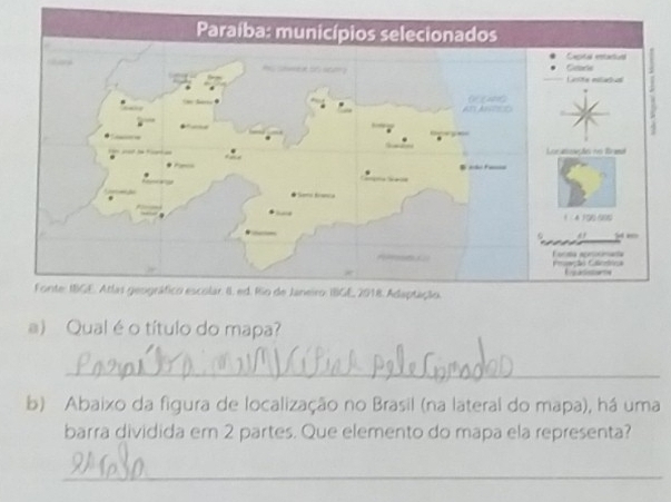 Qual é o título do mapa? 
_ 
b) Abaixo da figura de localização no Brasil (na lateral do mapa), há uma 
barra dividida em 2 partes. Que elemento do mapa ela representa? 
_