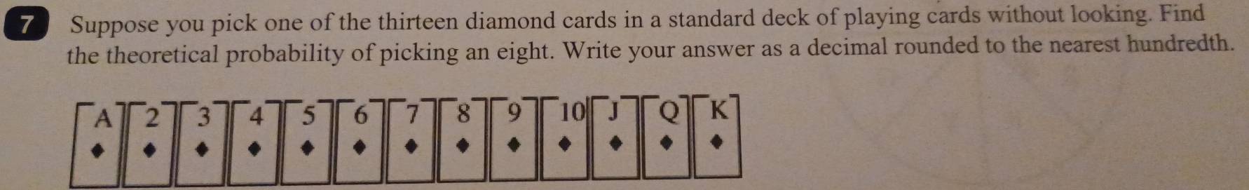 Suppose you pick one of the thirteen diamond cards in a standard deck of playing cards without looking. Find 
the theoretical probability of picking an eight. Write your answer as a decimal rounded to the nearest hundredth.