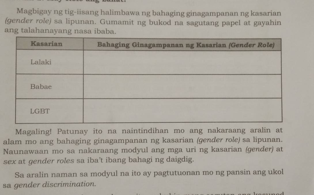 Magbigay ng tig-iisang halimbawa ng bahaging ginagampanan ng kasarian 
(gender role) sa lipunan. Gumamit ng bukod na sagutang papel at gayahin 
ang talahanayang nasa ibaba. 
Magaling! Patunay ito na naintindihan mo ang nakaraang aralin at 
alam mo ang bahaging ginagampanan ng kasarian (gender role) sa lipunan. 
Naunawaan mo sa nakaraang modyul ang mga uri ng kasarian (gender) at 
sex at gender roles sa iba’t ibang bahagi ng daigdig. 
Sa aralin naman sa modyul na ito ay pagtutuonan mo ng pansin ang ukol 
sa gender discrimination.