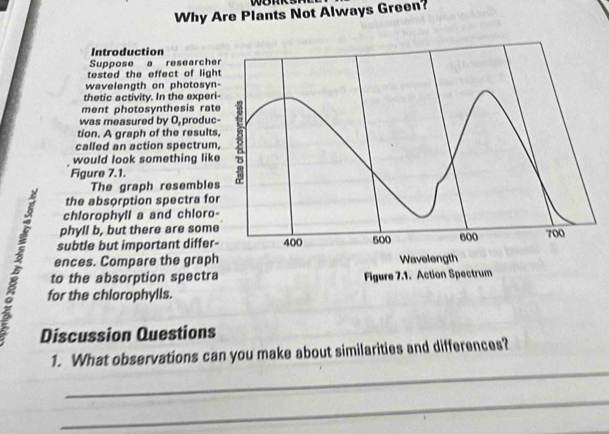 work 
Why Are Plants Not Always Green? 
Introduction 
Suppose a researcher 
tested the effect of light 
wavelength on photosyn- 
thetic activity. In the experi- 
ment photosynthesis rate 
was measured by 0, produc- 
tion. A graph of the results, 
called an action spectrum, 
would look something like 5 
Figure 7.1. 
The graph resembles 
the absorption spectra for 
chlorophyll a and chloro- 
phyll b, but there are some 
subtle but important differ- 400 500 600 700
ences. Compare the graph Wavelength 
to the absorption spectra Figure 7.1. Action Spectrum 
for the chlorophylls. 
Discussion Questions 
_ 
1. What observations can you make about similarities and differences? 
_