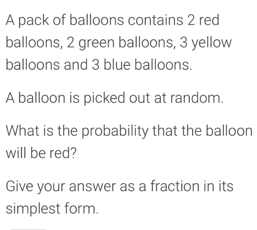 Solved: A pack of balloons contains 2 red balloons, 2 green balloons, 3 ...