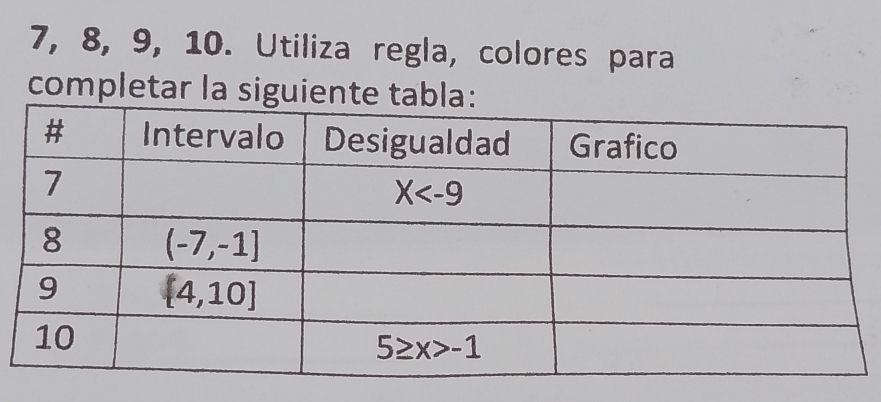 7, 8, 9, 10. Utiliza regla, colores para
completar la siguiente tabla: