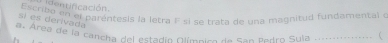 ntificación 
Escribo en el parentesis la letra F si se trata de una magnitud fundamental 
sí es derivada 
a. Área de la cancha del estadio Olímpico de San Pedro Sula_