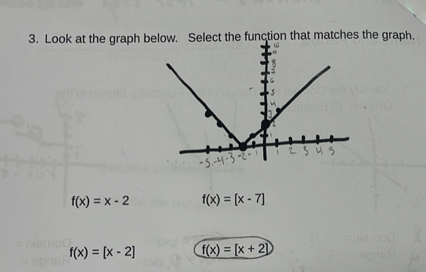 Look at the graph below. Select the function that matches the graph.
f(x)=x-2
f(x)=[x-7]
f(x)=[x-2] f(x)=[x+2]