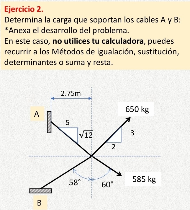 Determina la carga que soportan los cables A y B: 
*Anexa el desarrollo del problema. 
En este caso, no utilices tu calculadora, puedes 
recurrir a los Métodos de igualación, sustitución, 
determinantes o suma y resta.
2.75m
A
650 kg
5
sqrt(12)
3
2
58° 60° 585 kg
B