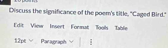 Discuss the signifcance of the poem's title, ''Caged Bird." 
Edit View Insert Format Tools Table 
12pt Paragraph a