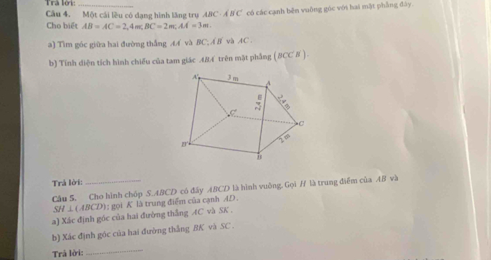 Trả lời:
Câu 4. Một cái lều có dạng hình lăng trụ ABC· A'B'C' có các cạnh bên vuông góc với hai mặt phẳng đây.
Cho biết AB=AC=2,4m;BC=2m;AA=3m.
a) Tìm gốc giữa hai đường thắng AA và BC; Á B và AC .
b) Tính diện tích hình chiếu của tam giác ABA trên mặt phẳng (BCC'B').
Trả lời:_
Câu 5. Cho hình chóp S.ABCD có đấy ABCD là hình vuông. Gọi H là trung điểm của AB và
SH⊥ (ABCD);  gọi K là trung điểm của cạnh AD.
a) Xác định góc của hai đường thẳng AC và SK .
b) Xác định góc của hai đường thắng BK và SC .
Trả lời:
_