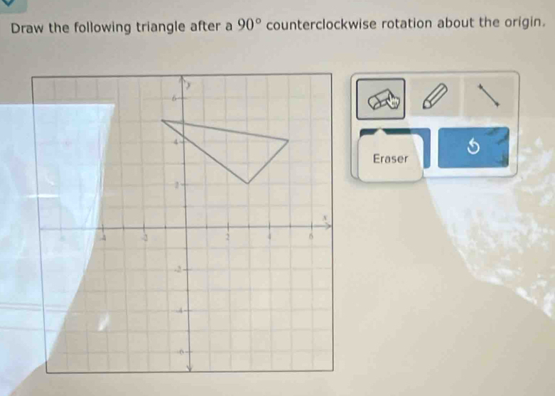 Draw the following triangle after a 90° counterclockwise rotation about the origin. 
Eraser