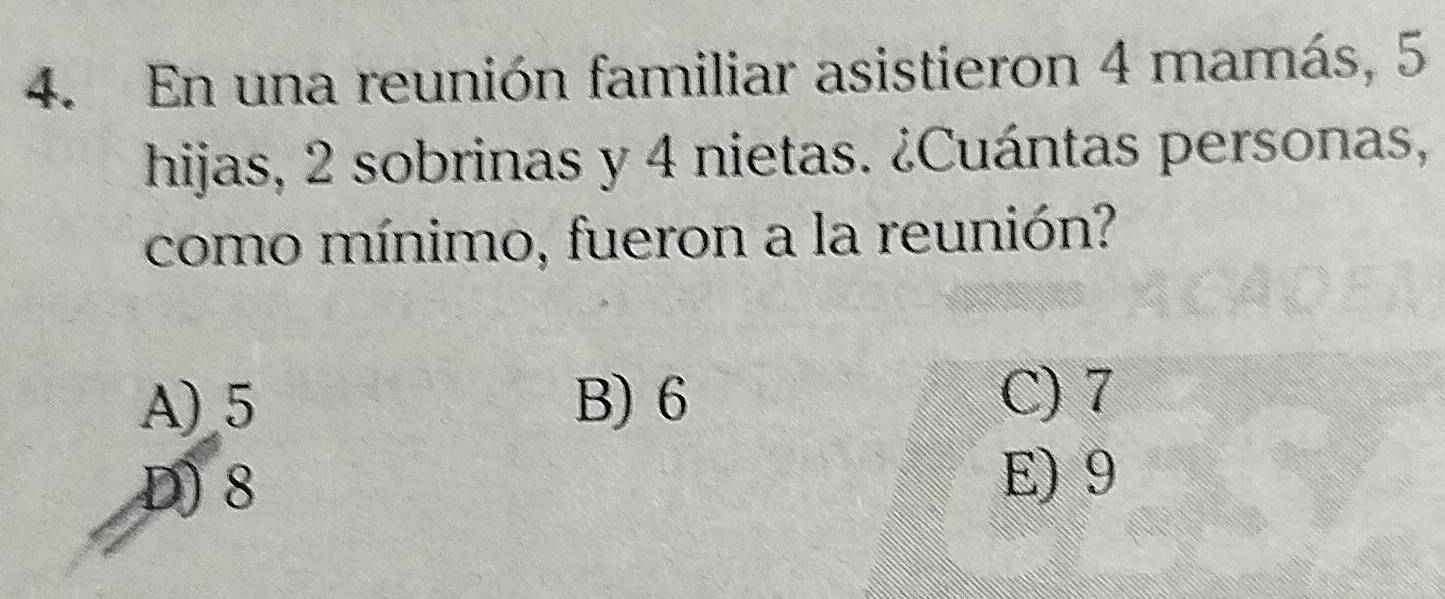 En una reunión familiar asistieron 4 mamás, 5
hijas, 2 sobrinas y 4 nietas. ¿Cuántas personas,
como mínimo, fueron a la reunión?
A) 5 B) 6 C) 7
D) 8
E) 9