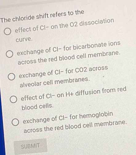 Solved: The chloride shift refers to the effect of CI- on the O2 ...