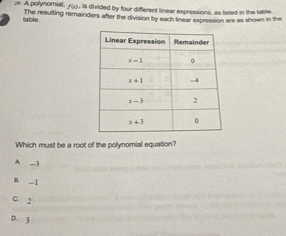 A polynomial, f(x) , is divided by four different linear expressions, as listed in the table.
The resulting remainders after the division by each linear expression are as shown in the
table.
Which must be a root of the polynomial equation?
A -3
B. -1
C. 2
D. 3