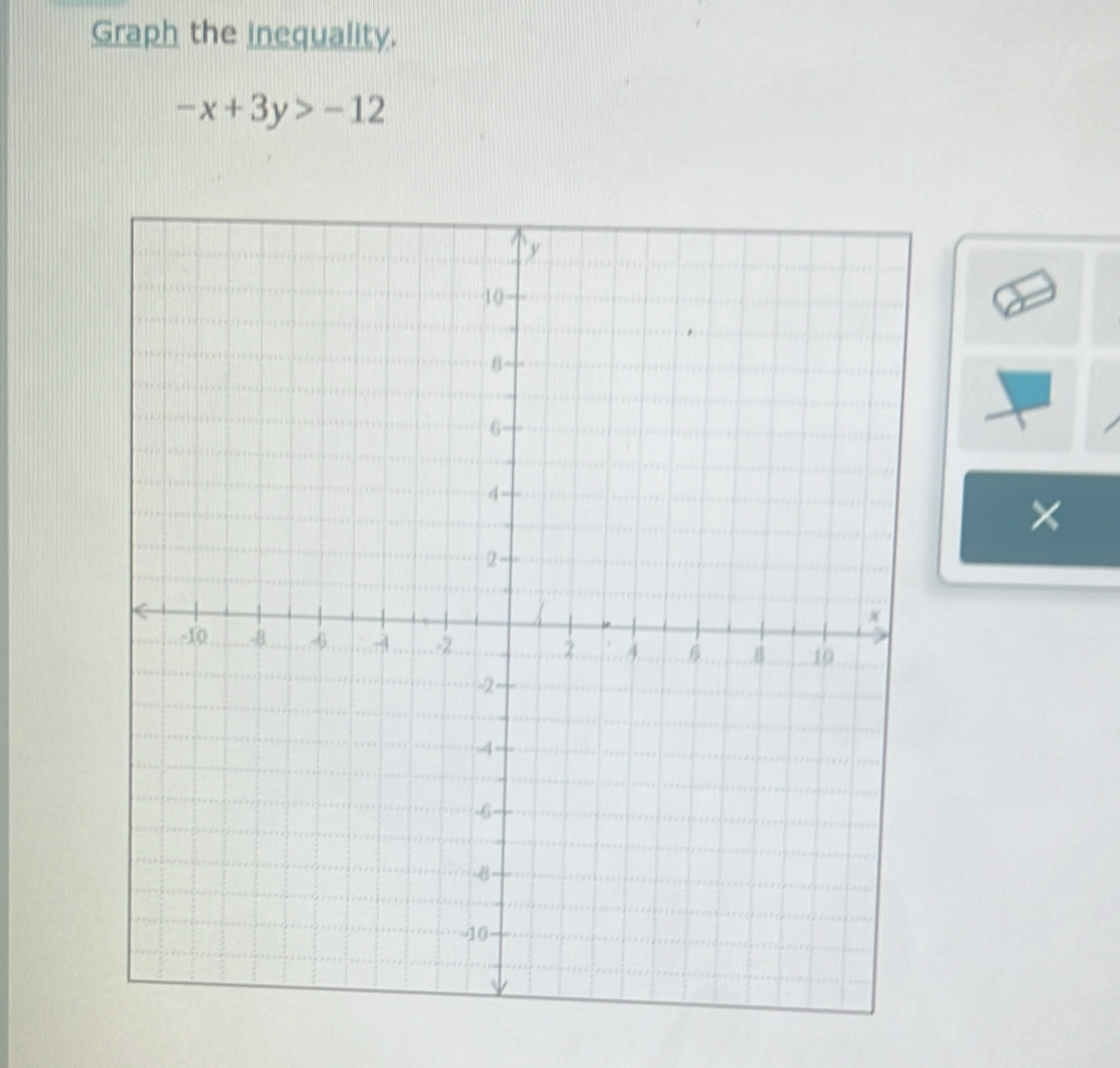 Graph the inequality.
-x+3y>-12
x