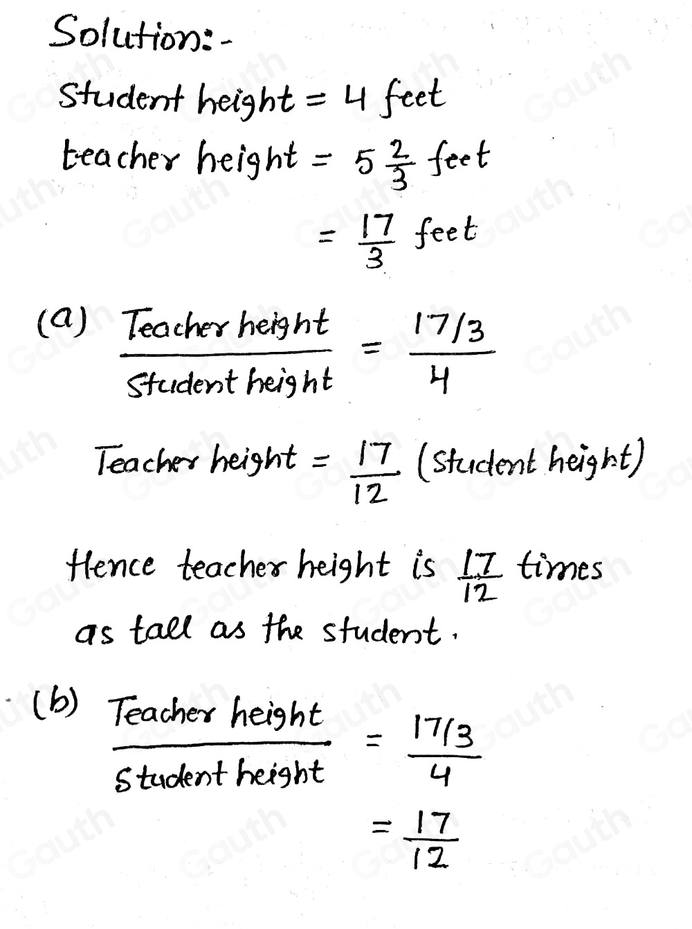 Solved: A second-grade student is 4 feet tall. Her teacher is 5 2/3 ...