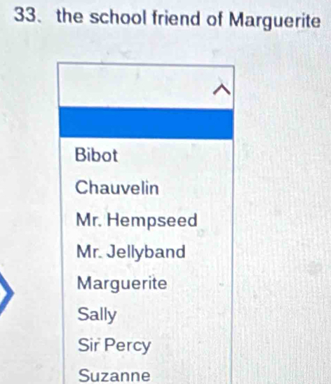 the school friend of Marguerite
Bibot
Chauvelin
Mr. Hempseed
Mr. Jellyband
Marguerite
Sally
Sir Percy
Suzanne