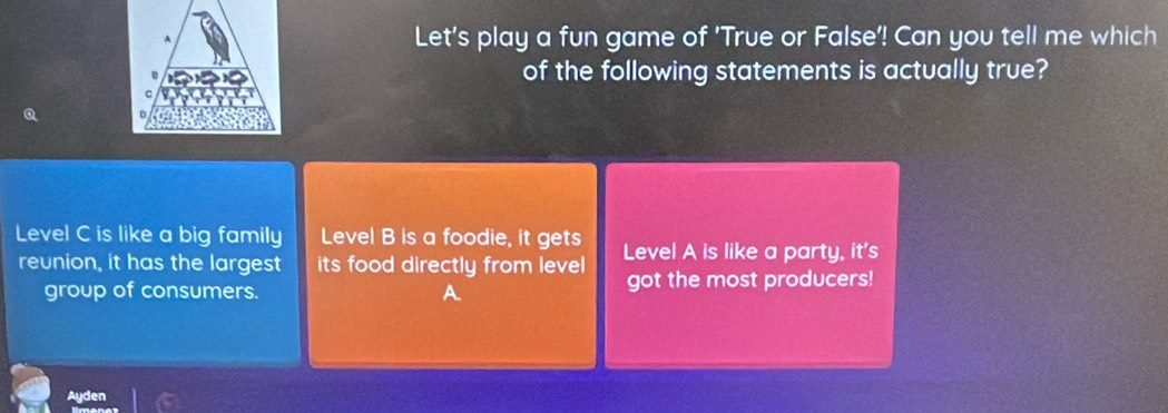 Let's play a fun game of 'True or False'! Can you tell me which 
of the following statements is actually true? 
Q 
Level C is like a big family Level B is a foodie, it gets Level A is like a party, it's 
reunion, it has the largest its food directly from level got the most producers! 
group of consumers. 
Ayden