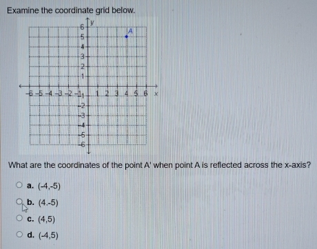 Examine the coordinate grid below.
What are the coordinates of the point. A' when point A is reflected across the x-axis?
a. (-4,-5)
b. (4,-5)
c. (4,5)
d. (-4,5)