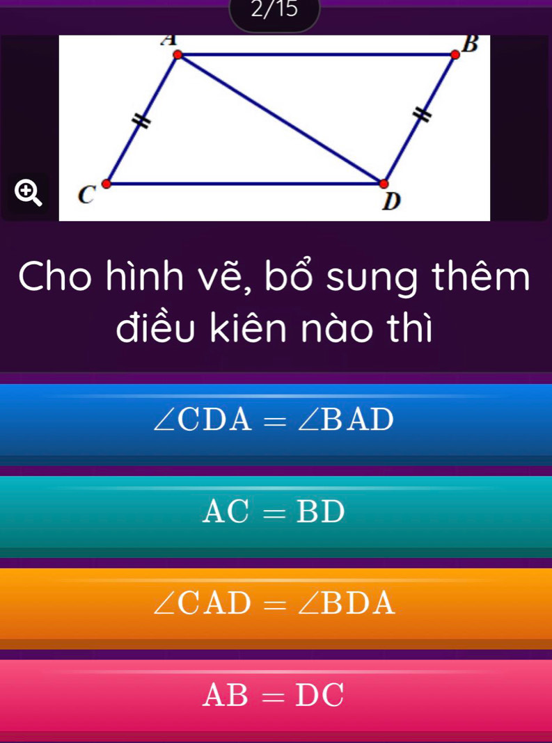 2/15
Cho hình vẽ, bổ sung thêm
điều kiên nào thì
∠ CDA=∠ BAD
AC=BD
∠ CAD=∠ BDA
AB=DC