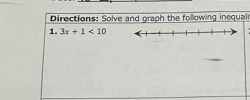 Directions: Solve and graph the following inequali 
1. 3x+1<10</tex>