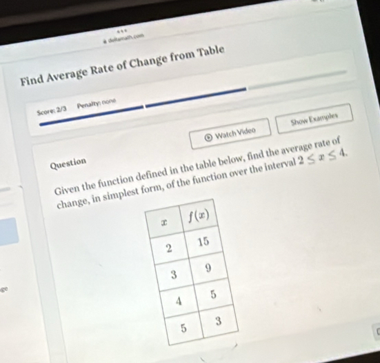 é deltsma
Find Average Rate of Change from Table
Score: 2/3 Penalty: none
Watch Video Show Examples
Question
Given the function defined in the table below, find the average rate of
change, in simplest form, of the function over the interval 2≤ x≤ 4.
ge