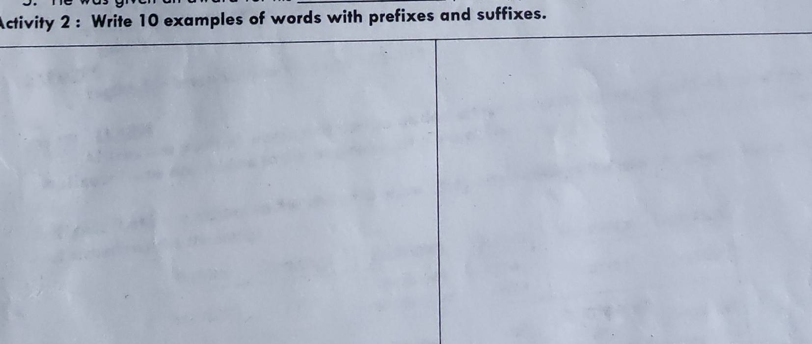 Activity 2 : Write 10 examples of words with prefixes and suffixes.