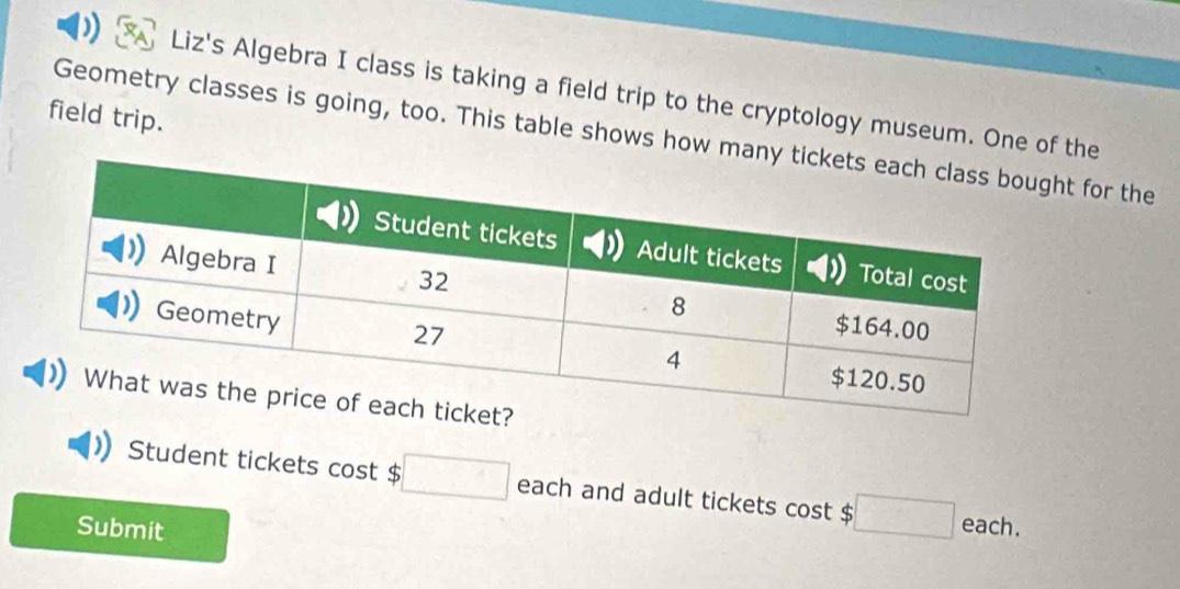 Liz's Algebra I class is taking a field trip to the cryptology museum. One of the 
field trip. 
Geometry classes is going, too. This table shows how manyt for the 
Student tickets cost $ □ each and adult tickets cost $ ;□ each. 
Submit