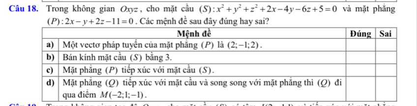 Trong không gian Oxyz , cho mặt cầu (S): x^2+y^2+z^2+2x-4y-6z+5=0 và mặt phắng
P):2x-y+2z-11=0. Các mệnh đề sau đây đúng hay sai?