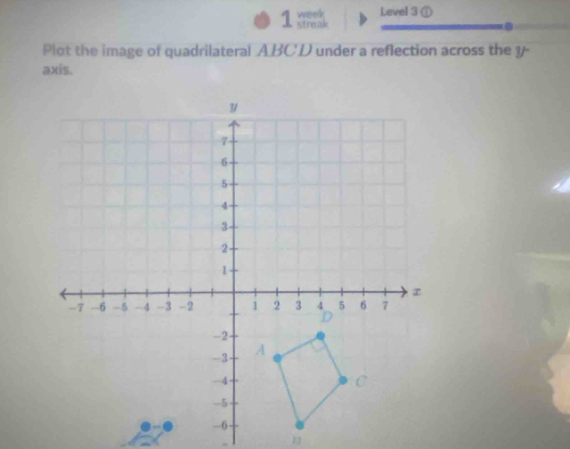 week Level 3 ① 
1 streak . 
Plot the image of quadrilateral ABCD under a reflection across the y - 
axis. 
. 1