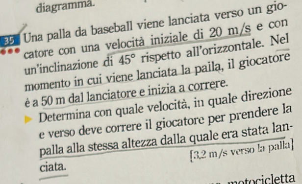 diagramma. 
Una palla da baseball viene lanciata verso un gio- 
catore con una velocità iniziale di 20 m/s e con 
un’inclinazione di 45° rispetto all’orizzontale. Nel 
momento in cui viene lanciata la paila, il giocatore 
è a 50 m dal lanciatore e inizia a correre. 
Determina con quale velocità, in quale direzione 
e verso deve correre il giocatore per prendere la 
palla alla stessa altezza dalla quale era stata lan- 
[ 3,2 m/s verso la palla] 
ciata. 
moto cicletta