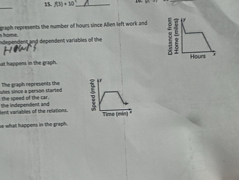 f(3)+10 _ 
_ 
_ 
graph represents the number of hours since Allen left work and 
n home. 
Independent and dependent variables of the 
D
Hours x
at happens in the graph. 
The graph represents the 
utes since a person started 
the speed of the car. 
the independent and 
dent variables of the relations. 

Time (min) * 
be what happens in the graph.