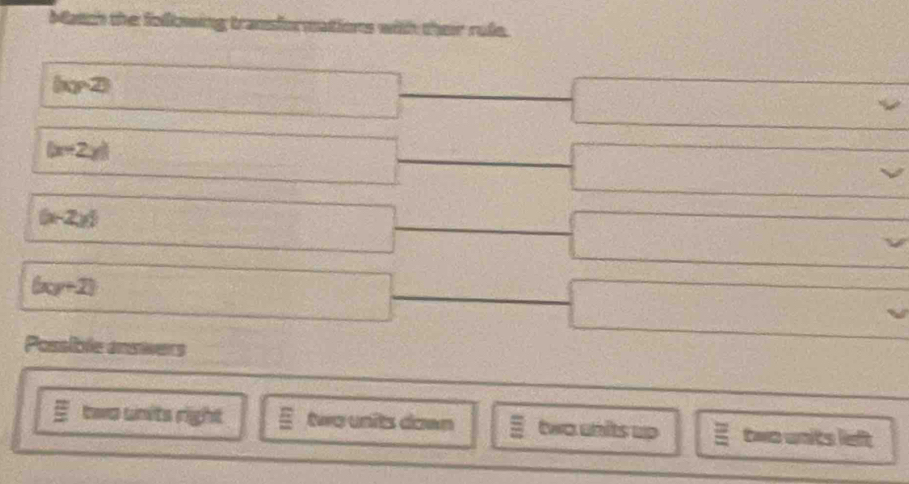 Match the folkwing transformations with their rule.
(xy-2) □ 
□
(x+2y)
2x^2-3.x+0=0 □  
□ sqrt 3^(frac 773)
(x-2x) □ 
□
(xy+1) □ 
□ 
Possible answers
E two units right two units doan two units up equiv two units left