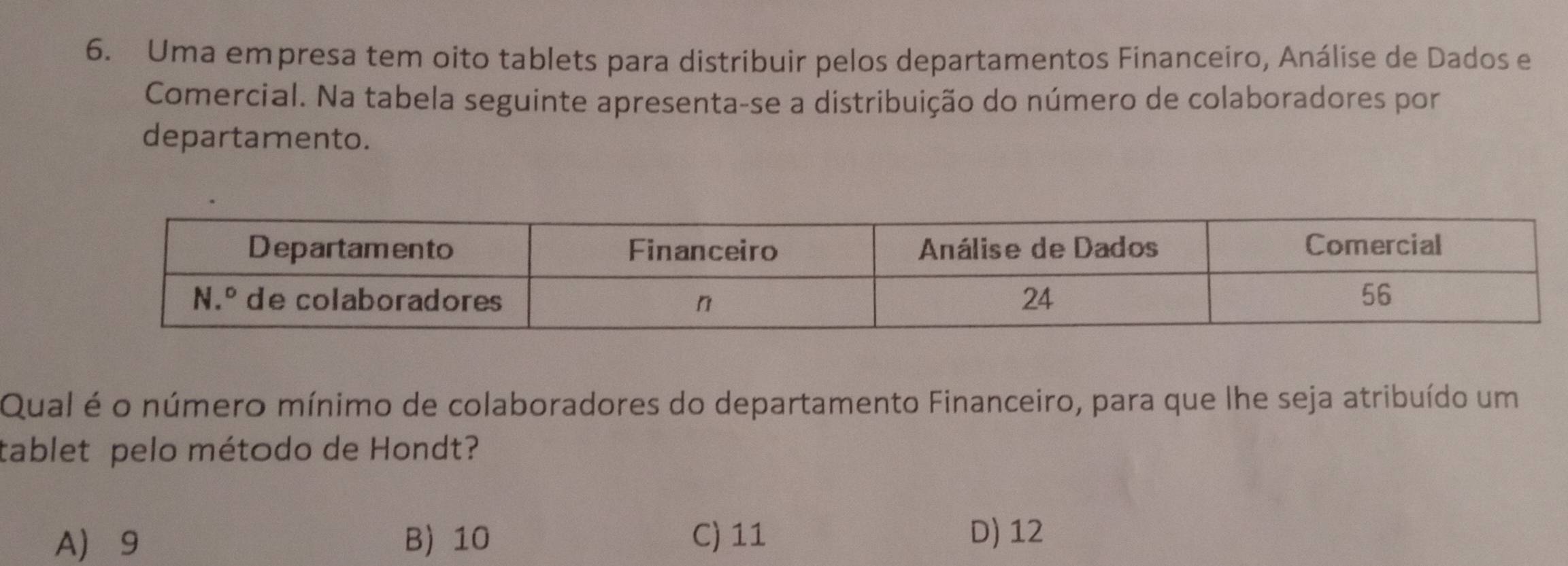 Uma empresa tem oito tablets para distribuir pelos departamentos Financeiro, Análise de Dados e
Comercial. Na tabela seguinte apresenta-se a distribuição do número de colaboradores por
departamento.
Qual é o número mínimo de colaboradores do departamento Financeiro, para que lhe seja atribuído um
tablet pelo método de Hondt?
A 9 B) 10 C) 11
D) 12