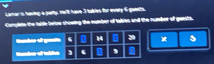 Lamar is having a party. He'll have 3 tables for every 6 guests. 
Camplete the table below showing the number of tables and the number of guests. 
imber of gust s 
Sumber of tnhin