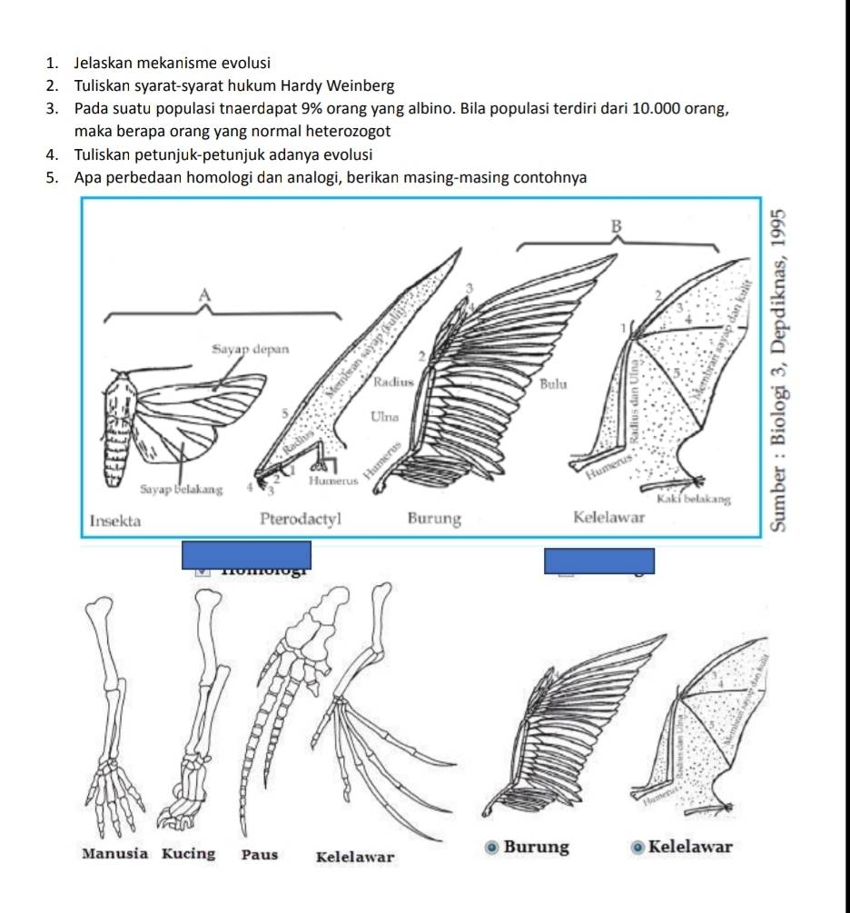 Jelaskan mekanisme evolusi 
2. Tuliskan syarat-syarat hukum Hardy Weinberg 
3. Pada suatu populasi tnaerdapat 9% orang yang albino. Bila populasi terdiri dari 10.000 orang, 
maka berapa orang yang normal heterozogot 
4. Tuliskan petunjuk-petunjuk adanya evolusi 
5. Apa perbedaan homologi dan analogi, berikan masing-masing contohnya 
Manusia Kucing Paus Kelelawar Burung Kelelawar