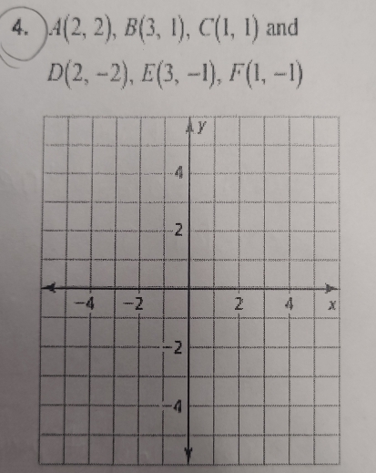 A(2,2), B(3,1), C(1,1) and
D(2,-2), E(3,-1), F(1,-1)