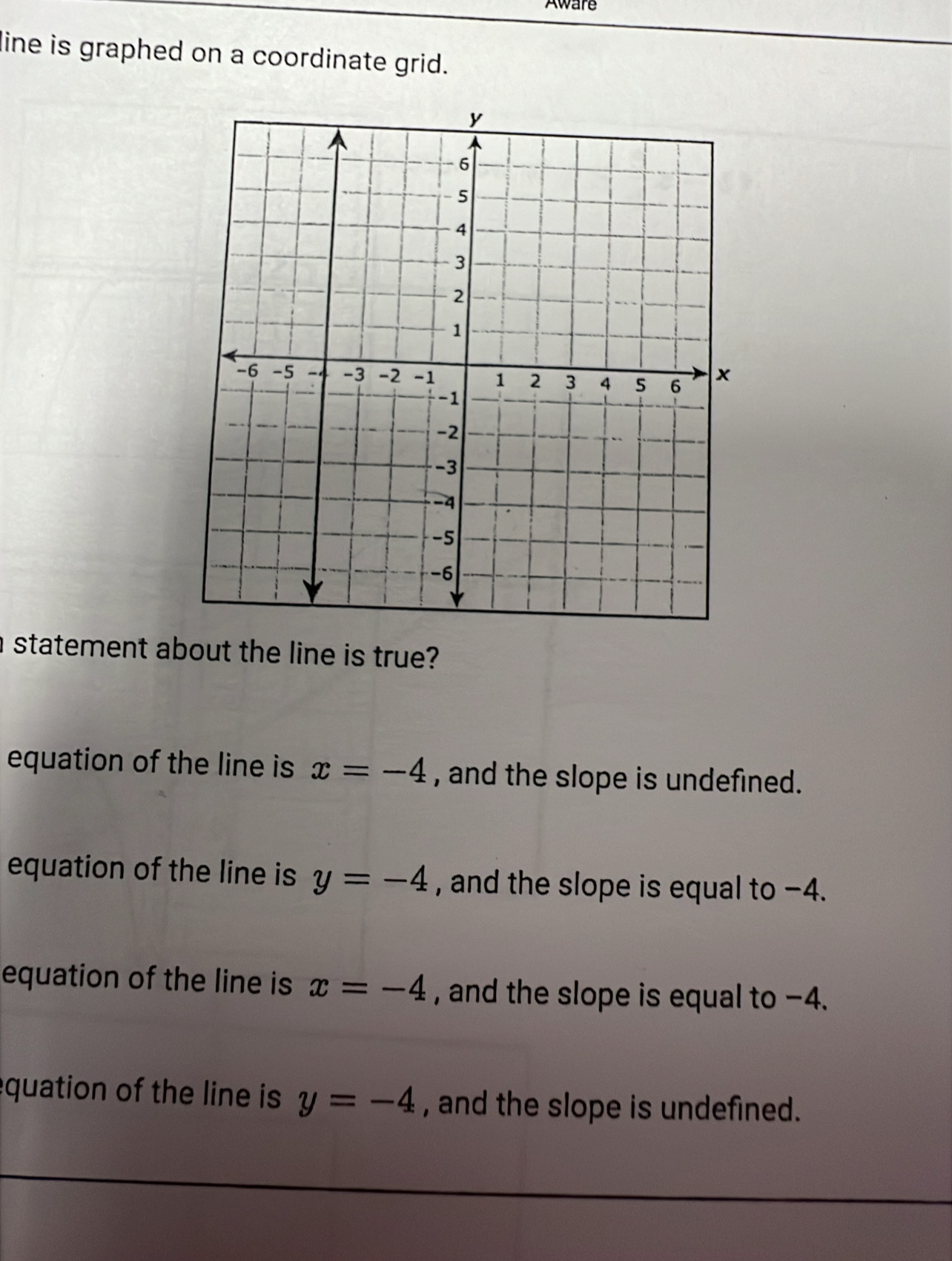 Aware
line is graphed on a coordinate grid.
statement about the line is true?
equation of the line is x=-4 , and the slope is undefined.
equation of the line is y=-4 , and the slope is equal to −4.
equation of the line is x=-4 , and the slope is equal to −4.
quation of the line is y=-4 , and the slope is undefined.