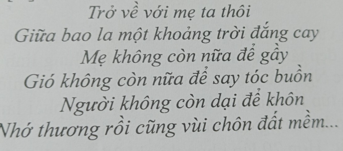 Trở về với mẹ ta thôi 
Giữa bao la một khoảng trời đắng cay 
Mẹ không còn nữa để gầy 
Gió không còn nữa để say tóc buồn 
Người không còn dại để khôn 
Nhớ thương rồi cũng vùi chôn đất mềm...