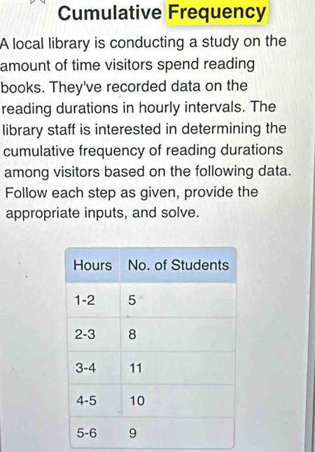 Solved: Cumulative Frequency A local library is conducting a study on ...