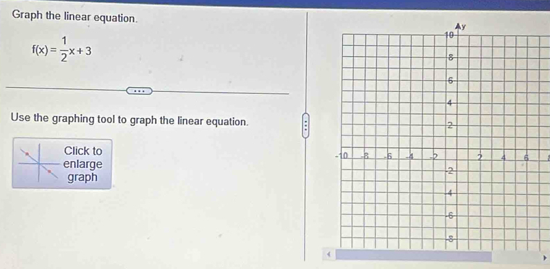 Graph the linear equation.
f(x)= 1/2 x+3
Use the graphing tool to graph the linear equation. . 
Click to 
enlarge 
graph