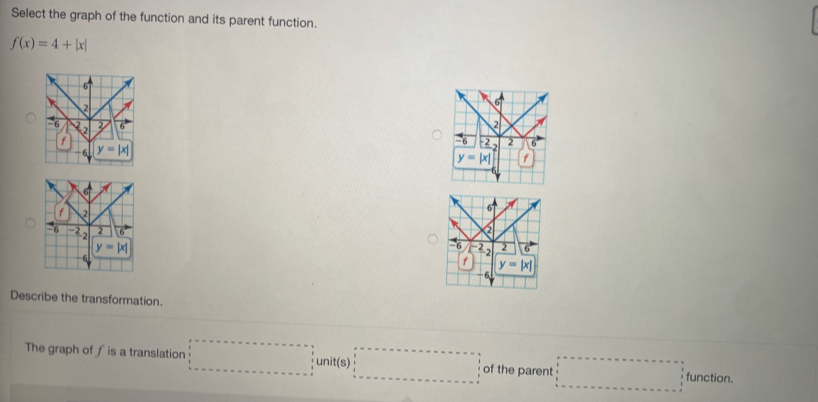 Select the graph of the function and its parent function.
f(x)=4+|x|
Describe the transformation.
The graph of ∫ is a translation unit(s) ^circ  of the parent..□ function