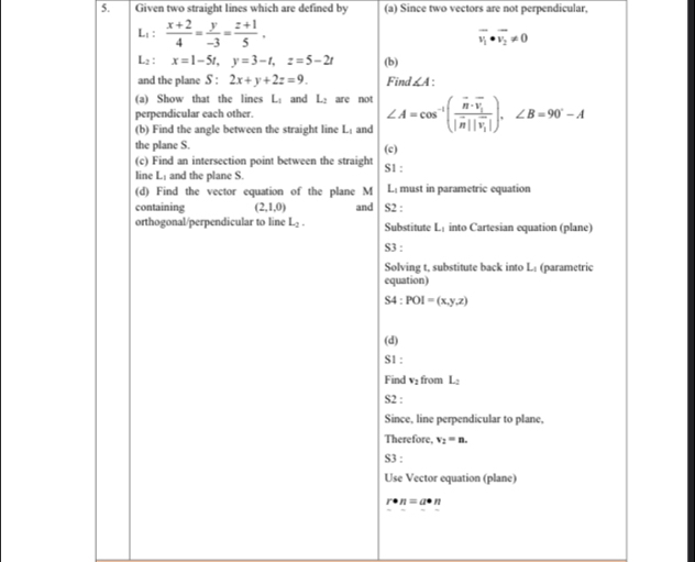 Given two straight lines which are defined by (a) Since two vectors are not perpendicular,
L_1: (x+2)/4 = y/-3 = (z+1)/5 .
overline v_1· overline v_2!= 0
L : x=1-5t, y=3-t, z=5-2t (b) 
and the plane S : 2x+y+2z=9. Find ∠A : 
(a) Show that the lines L : and L: are not 
perpendicular each other. 
(b) Find the angle between the straight line Lị and ∠ A=cos^(-1)(frac vector n· vector V_i |overline n||overline V_1|endpmatrix , ∠ B=90°-A
the plane S. (c) S1 : 
(c) Find an intersection point between the straight 
line L; and the plane S. 
(d) Find the vector equation of the plane M L. must in parametric equation 
containing (2,1,0) and S2 : 
orthogonal/perpendicular to line L_2. Substitute L: into Cartesian equation (plane) 
S3 : 
Solving t, substitute back into L : (parametric 
equation)
S4:POI=(x,y,z)
(d) 
S1 : 
Find v₂ from L
S2 : 
Since, line perpendicular to plane, 
Therefore, v_2=n. 
S3 : 
Use Vector equation (plane)
n=a· n