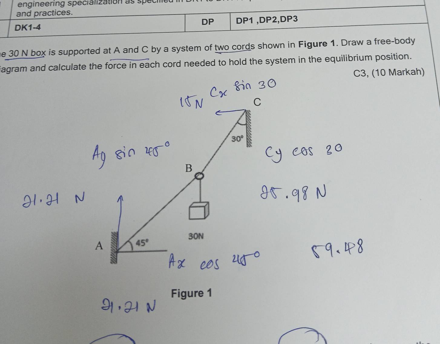 engineering specialization as specie
and practices.
DP
DK1-4 DP1 ,DP2,DP3
he 30 N box is supported at A and C by a system of two cords shown in Figure 1. Draw a free-body
iagram and calculate the force in each cord needed to hold the system in the equilibrium position.
C3, (10 Markah)
Figure 1