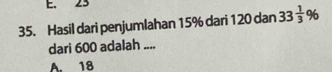 E. 23
35. Hasil dari penjumlahan 15% dari 120 dan 33 1/3 %
dari 600 adalah ....
A. 18