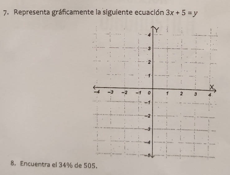 Representa gráficamente la siguiente ecuación 3x+5=y
8. Encuentra el 34% de 505.