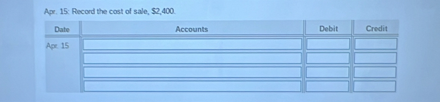 Apr. 15: Record the cost of sale, $2,400.