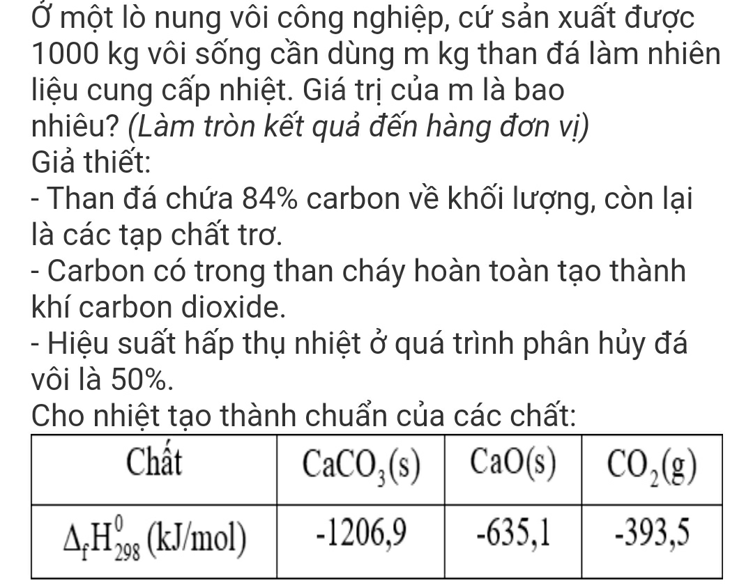 Ở một lò nung vôi công nghiệp, cứ sản xuất được
1000 kg vôi sống cần dùng m kg than đá làm nhiên
liệu cung cấp nhiệt. Giá trị của m là bao
nhiêu? (Làm tròn kết quả đến hàng đơn vị)
Giả thiết:
- Than đá chứa 84% carbon về khối lượng, còn lại
là các tạp chất trơ.
- Carbon có trong than cháy hoàn toàn tạo thành
khí carbon dioxide.
- Hiệu suất hấp thụ nhiệt ở quá trình phân hủy đá
vôi là 50%.
Cho nhiệt tạo thành chuẩn của các chất: